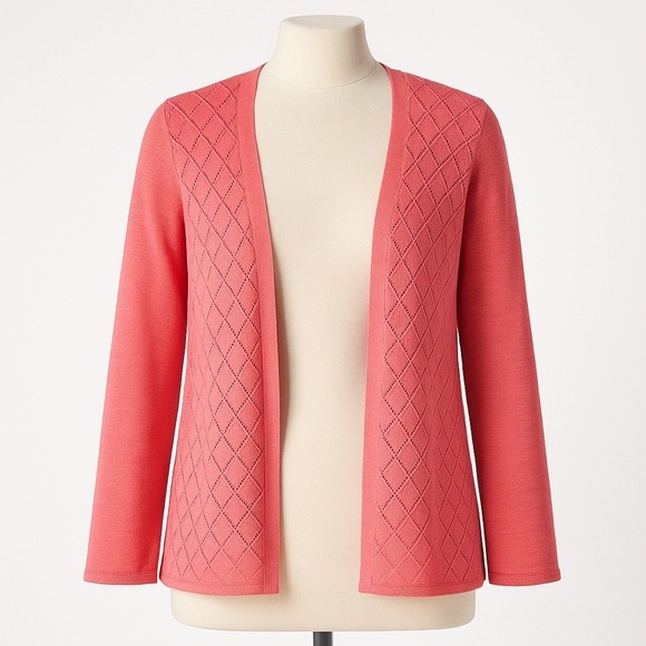 Charter Club Sweaters - Lace Pointelle Open Front Cardigan Size L Coral Knit Coquette Preppy Soft Girl